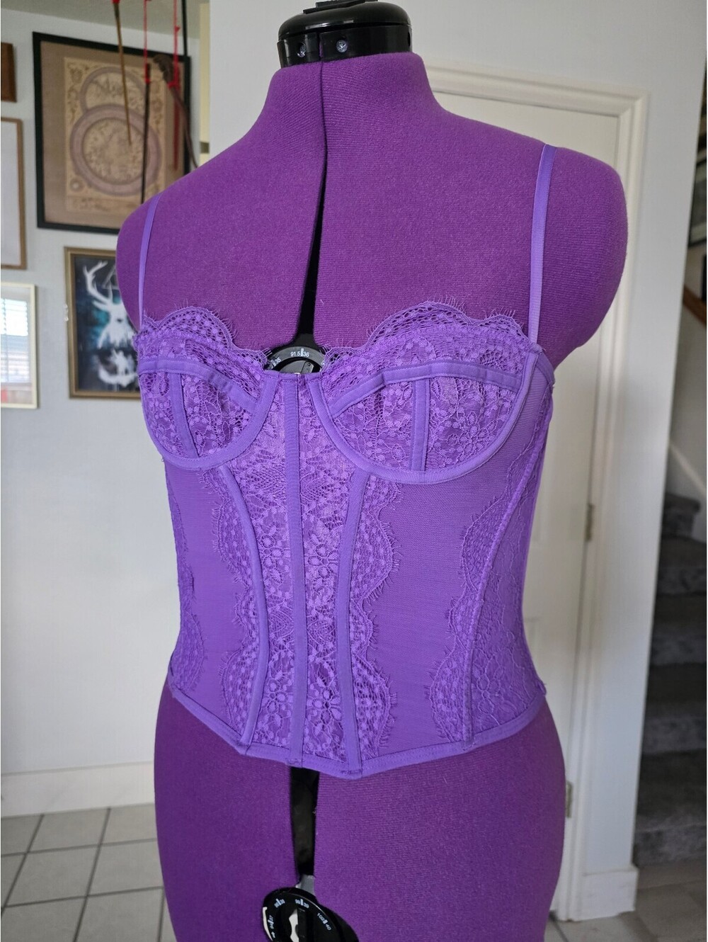 Womens longline corset lingerie balconette purple lace sheer size M/34C